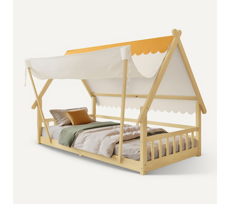 Lit Cabane 90x190 Cm, Lit Enfant, Tente Amovible, Avec Lattes, En Bois, Blanc Et Naturel