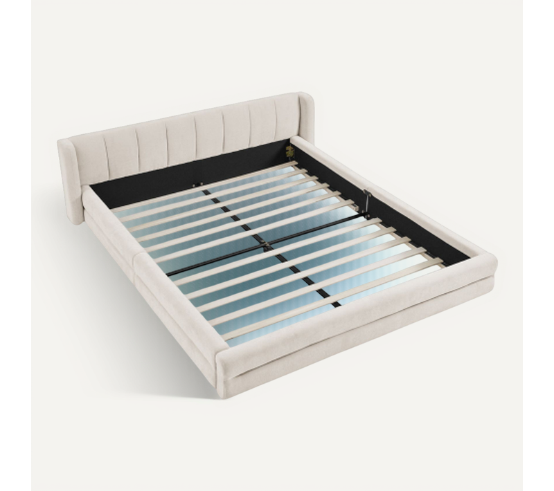 Lit Adulte 160x200 Cm, Avec Tête De Lit Ergonomique, En Tissu Chenille, Beige, Sans Matelas