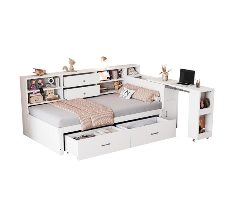 Lit Enfant 90x200 Cm, Grand Rangement Et Tête De Lit Avec Bureau Extensible, En Bois, Blanc
