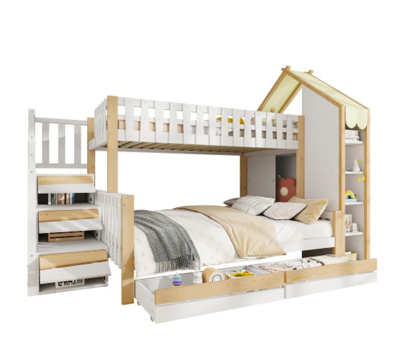 Lit Superposé 90x200 Cm Et 140x200 Cm, Avec 2 Tiroirs Et Rangements, En Bois, Blanc Et Naturel