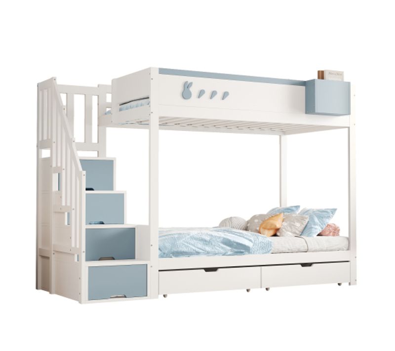 Lit Superposé 90x200 Cm, Avec 2 Tiroirs Et Étagère, En Bois, Avec Lattes, Blanc Et Bleu