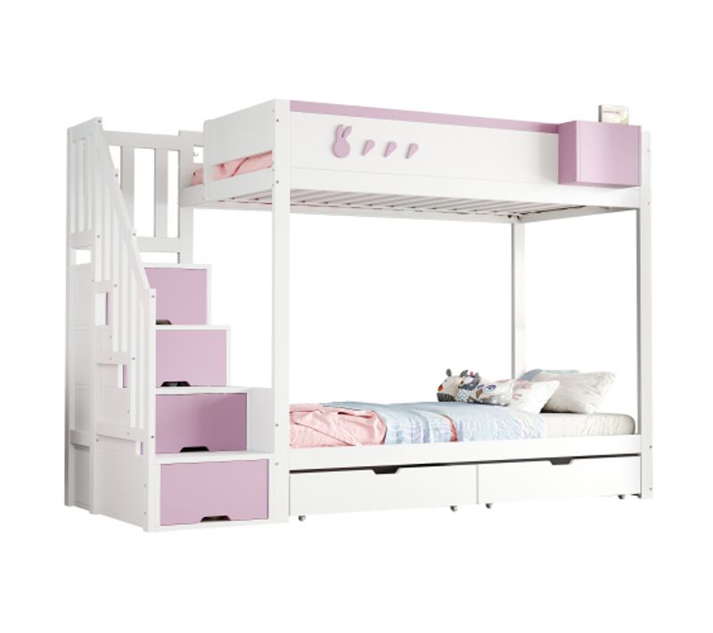 Lit Superposé 90x200 Cm, Avec 2 Tiroirs Et Étagère Amovible, En Bois, Blanc Et Rose
