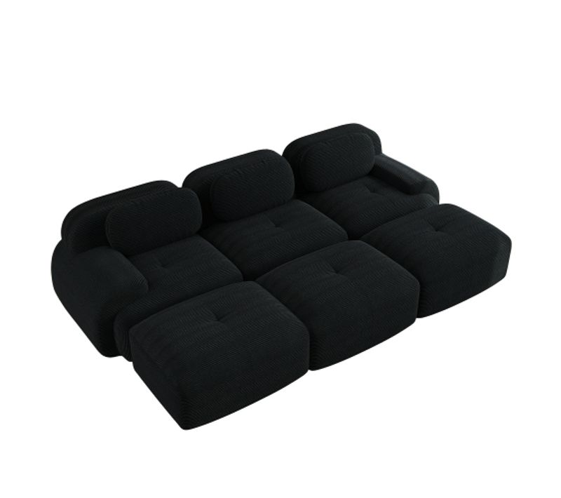Canapé D'angle Modulaire 3 Places En Velours Côtelé Noir Avec 3 Poufs, Livraison Sans Montage