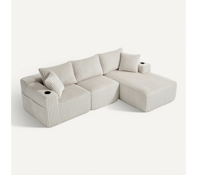 Canapé Modulable 2 Places Avec Chaise Longue En Velours Côtelé Beige, Coussins Et Poches Latérales