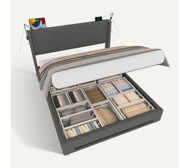Lit Coffre 160x200 Cm, Lit Adulte, Tête De Lit Avec Lampes Et Lattes, En Velours, Gris