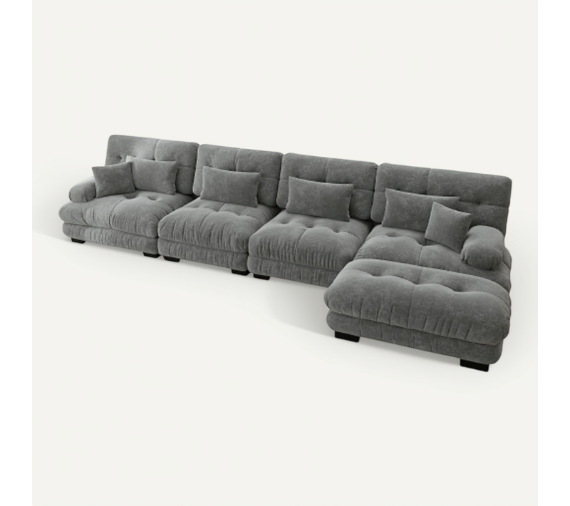 Canapé D’angle Convertible 4 Places Modulable En Chenille Gris Avec Pouf Amovible