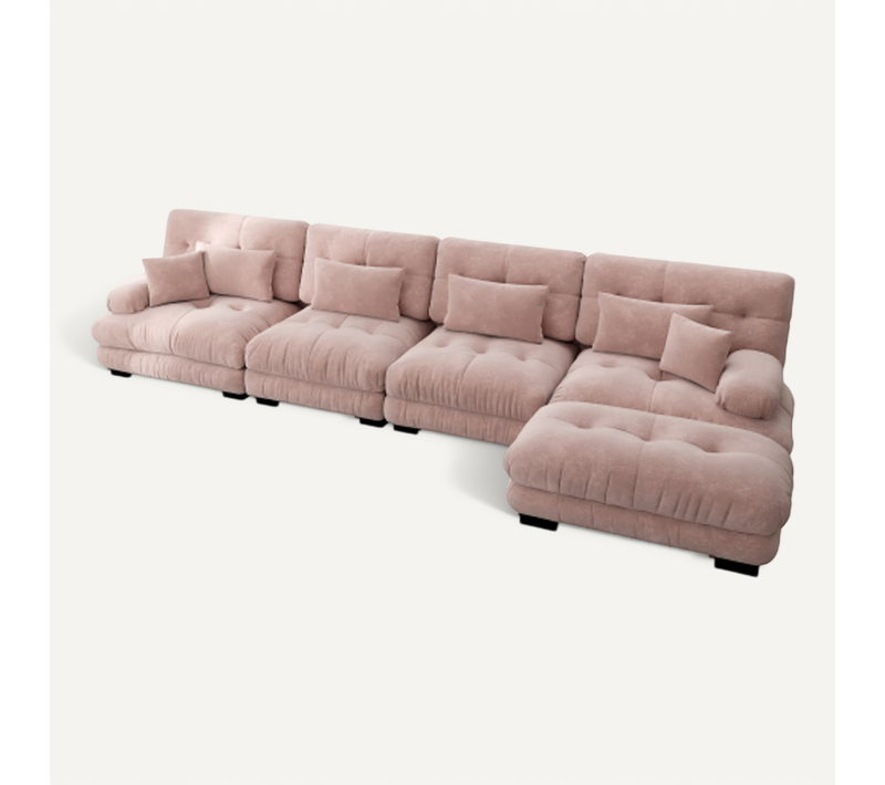 Canapé D'angle Modulable 4 Places En Chenille Rose Avec Ottomans Mobiles