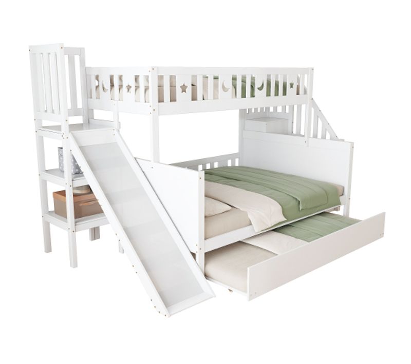 Lit Superposé 90x200 Cm Et 140x200 Cm, Avec Lit Gigogne Et Toboggan, En Bois, Blanc