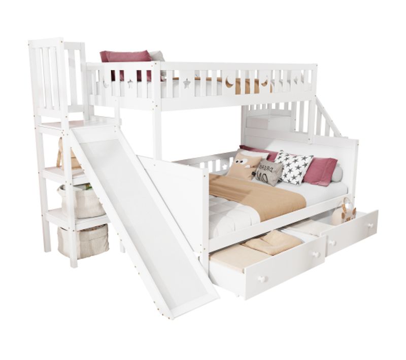 Lit Superposé 90x200/140x200 Cm Avec Toboggan Et Rangements, Sommier à Lattes, En Bois, Blanc