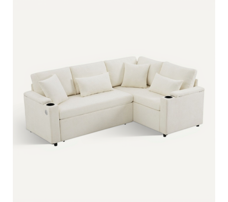 Canapé D’angle Convertible 4 Places Avec Rangement Et Prise USB, Beige