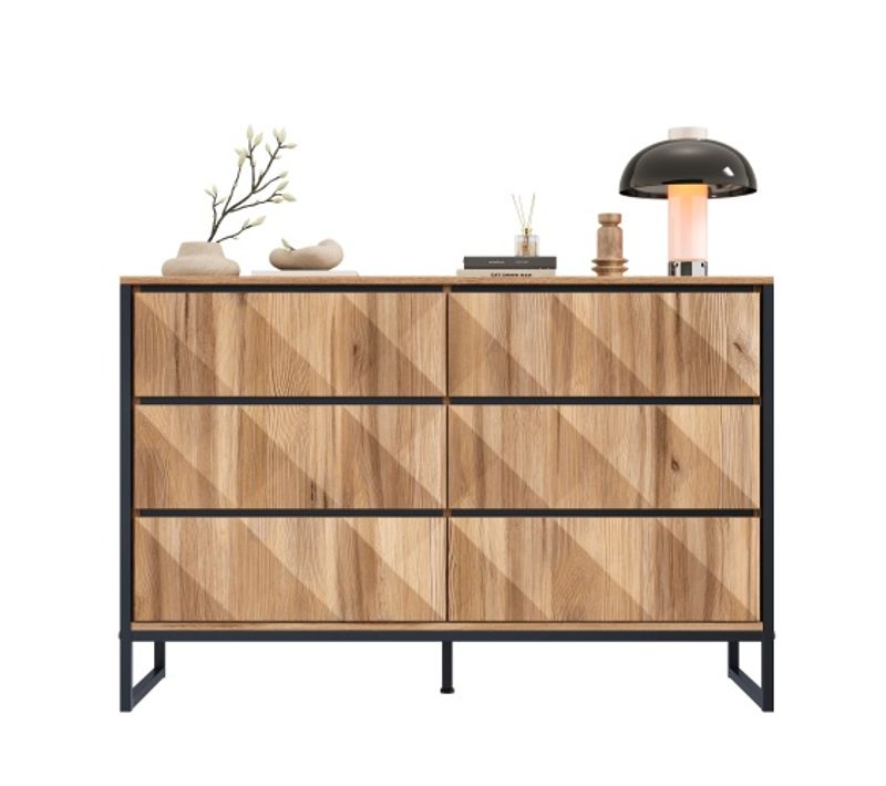 Commode à 6 Tiroirs 120x40x80 Cm, Pieds Métal, Noir Et Couleur Bois Naturel