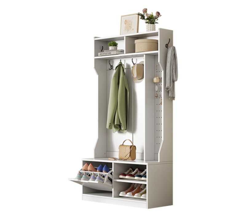 Vestiaire D’entrée Avec 6 Crochets, Tiroirs, Assise, Armoire à Chaussures, 2 Compartiments, Blanc