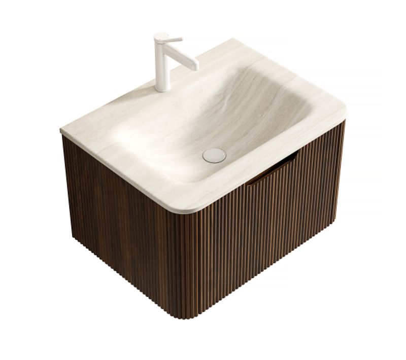 Meuble Vasque Mural 60 Cm, Sous-plan Pierre Sintrée Travertin, Placage Noyer, Tiroir LED, Beige