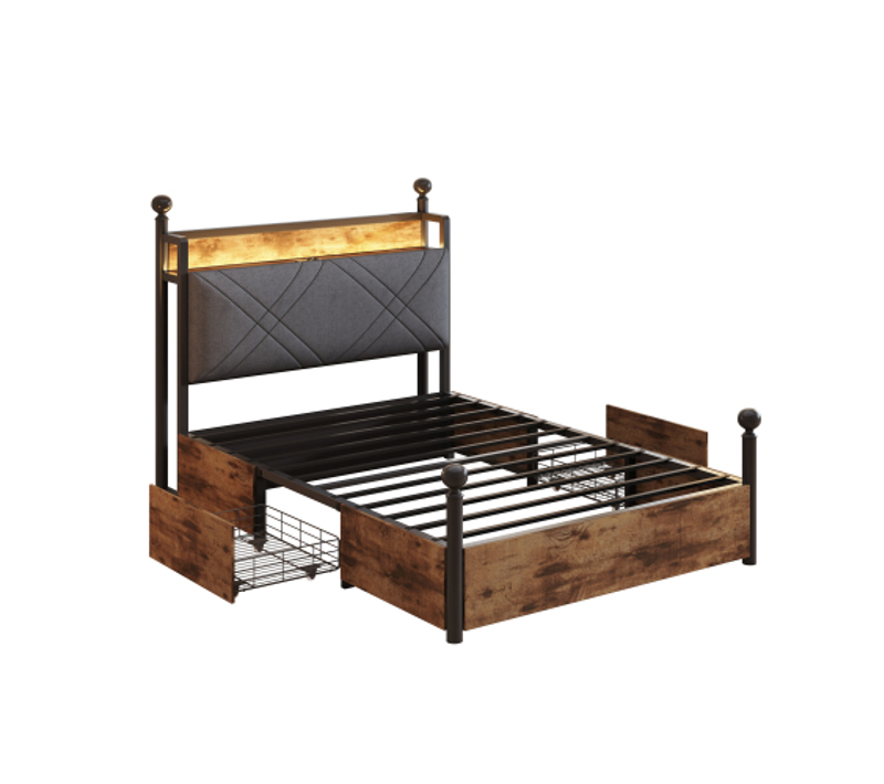 Lit enfant 90x190 Cm Avec 2 Tiroirs, Baldaquin Amovible Et Ports USB Et Type-c, En Métal, Noir