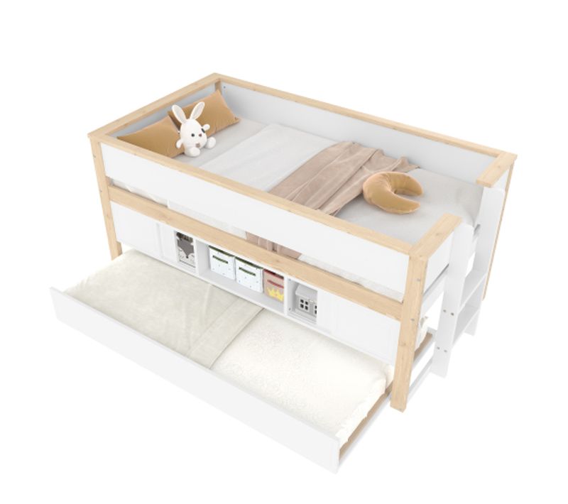 Lit Mi-hauteur Enfant 90x200 Cm Avec Lit Gigogne 90x190 Cm Et Rangements, En Bois, Blanc Et Naturel