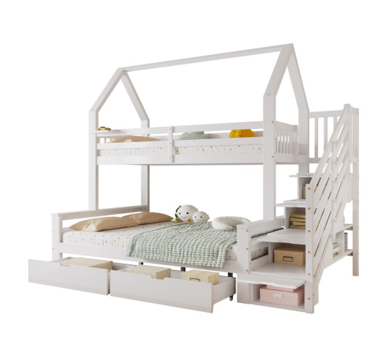 Lit Superposé 90x200 Et 140x200 Cm Avec Escalier De Rangement Et 2 Tiroirs, En Bois, Blanc