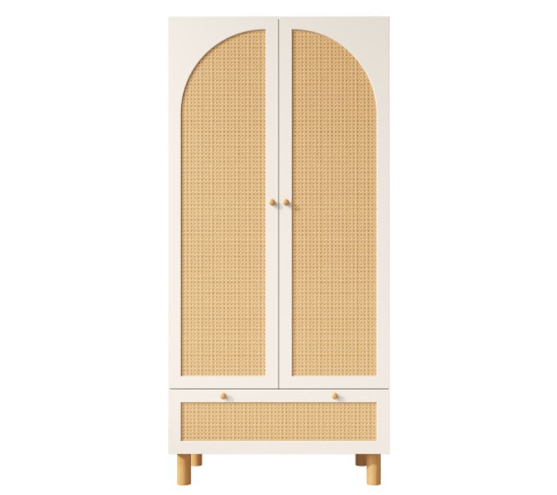 Armoire 180,5 X 85,5 X 52 Cm, 2 Portes En Rotin, 1 Tiroir En Rotin, Tringle à Vêtements, Blanc