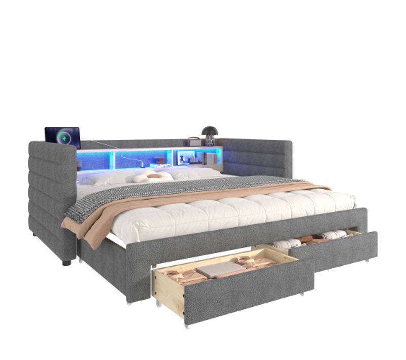Lit Gigogne 90x190 Cm, Avec 2 Tiroirs Et LED, Ports USB Et Type-c, En Velours Gris