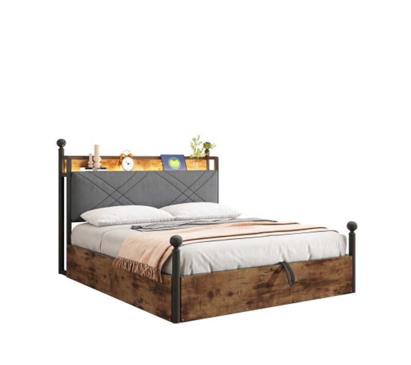 Lit Coffre Adulte 140x190 Cm, Baldaquin Amovible, Avec Tête De Lit Avec LED, En Métal, Noir