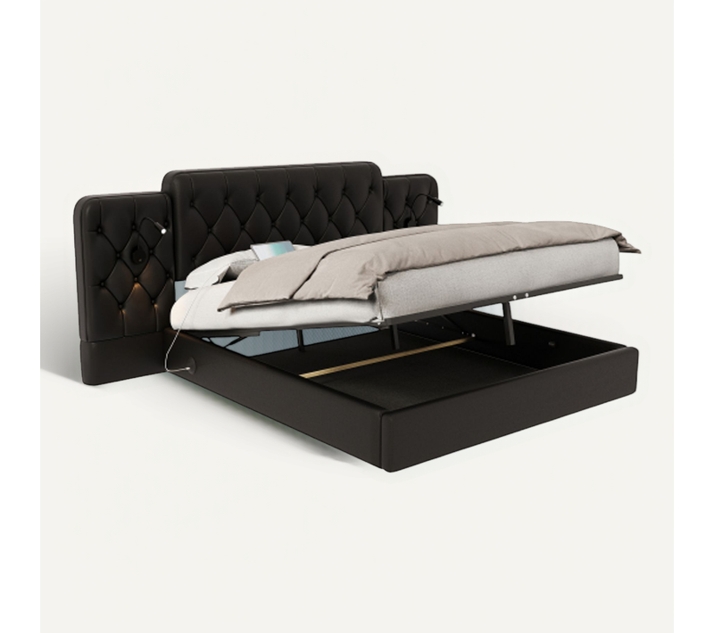 Lit Coffre 160x200 Cm, Tête De Lit Prolongée Capitonnée Et Ports USB, En Pu, Noir