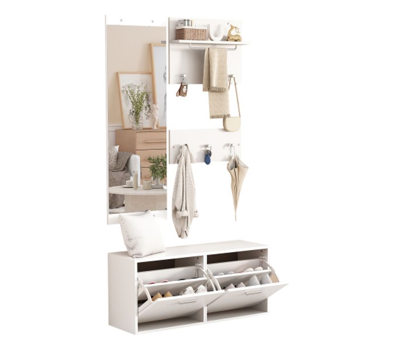 Vestiaire D’entrée Avec Miroir, 6 Crochets, Meuble à Chaussures Et Assise, Blanc