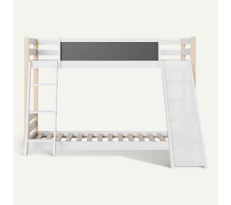Lit Superposé 90x200 Cm Avec Toboggan Et Escalier, Barrières De Sécurité, En Bois, Blanc