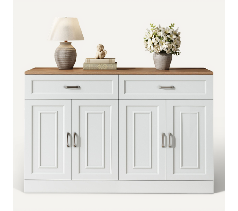 Buffet Blanc Et Bois 120x35x80,5 Cm – 4 Portes, 2 Tiroirs