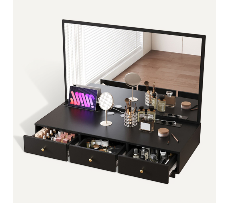 Coiffeuse Murale Noire 100x105x45 Cm Avec Miroir, 3 Tiroirs Et Prises Électriques