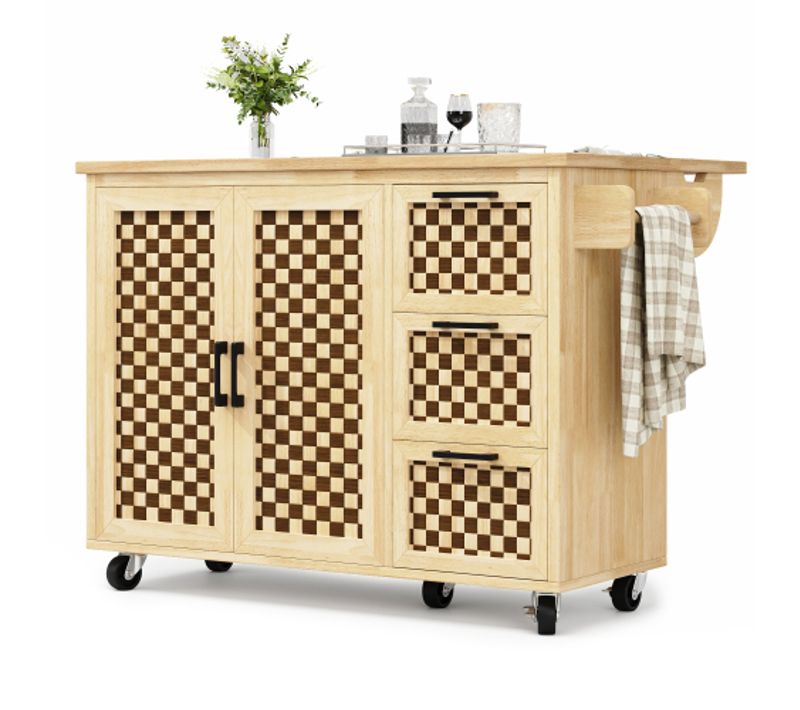 Desserte De Cuisine à Roulettes Avec 3 Tiroirs, 2 Portes Et Porte-serviettes, Bois Naturel