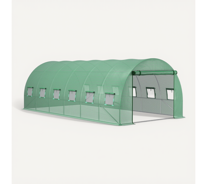 Housse De Serre Tunnel 600x300x200 Cm En Pe Vert, Anti-uv, Avec 24 Fenêtres Et Porte Zippée