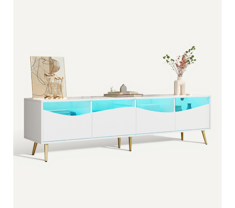 Meuble TV 180 Cm, Avec LED, Façade En Verre, Pieds Métal Doré, Blanc