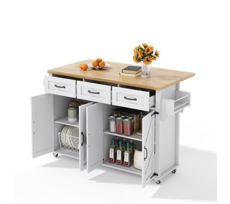 Desserte De Cuisine Avec Tablette Rabattable, 4 Portes 3 Tiroirs Et Porte-serviettes, Blanc