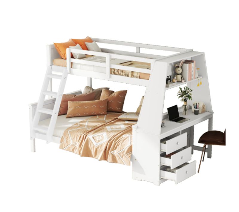 Lit Superposé 90x200 Cm Et 140x200 Cm, Avec Bureau Et Rangements, En Bois, Blanc