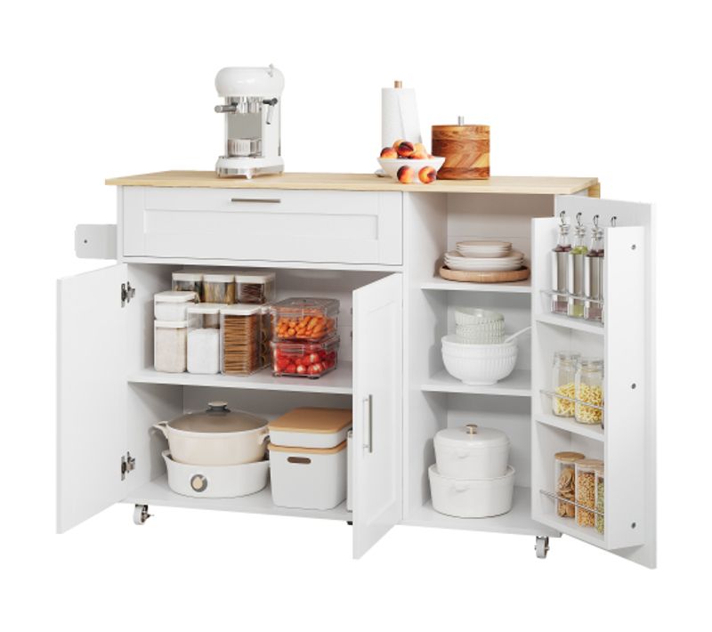 Desserte De Cuisine Avec Plateau Rabattable, Tiroirs Et Porte-serviettes, Blanc Et Naturel