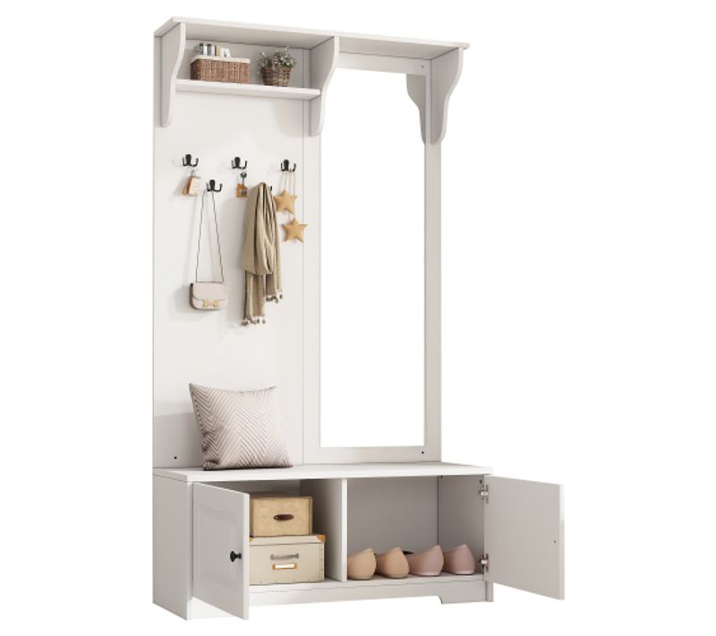 Vestiaire D’entrée Avec Miroir, 5 Crochets, 2 Placards, Assise Et Rangement à Chaussures, Blanc