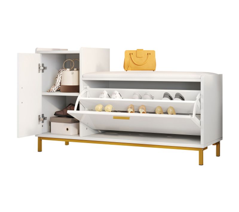 Meuble à Chaussures Avec 2 Compartiments, Assise Rembourrée, Pieds En Métal, Blanc Et Or