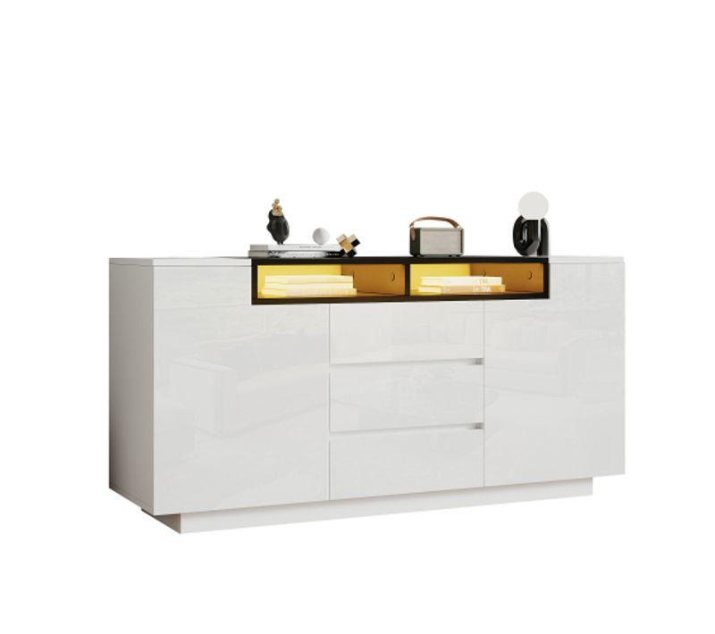 Buffet Blanc Bas 140x40x68 Cm, 2 Portes En L, 3 Tiroirs, Avec LED