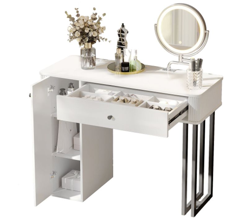 Coiffeuse Avec Miroir LED Dimmable Et Rangement, Sans Tabouret, 100x40x116 Cm Blanc