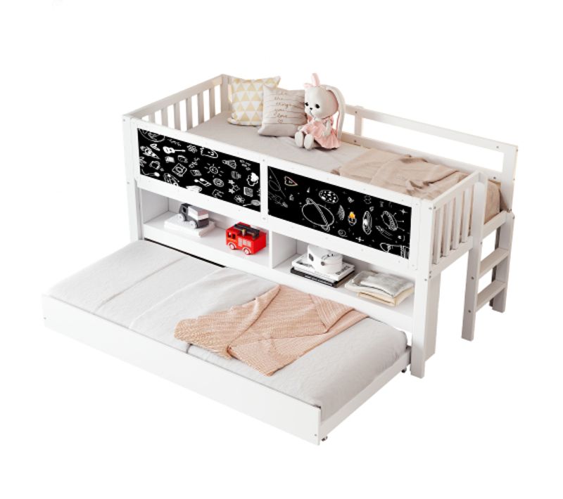 Lit Enfant 90x200 Cm Avec Lit Gigogne 90x190 Cm, Étagères Et Tableau Ardoise, En Bois, Blanc