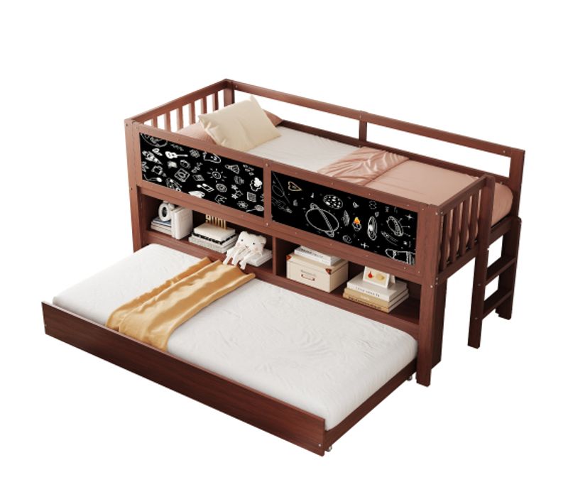 Lit Enfant 90x200 Cm Avec Lit Gigogne 90x190 Cm, Étagères Et Tableau Ardoise, En Bois, Brun