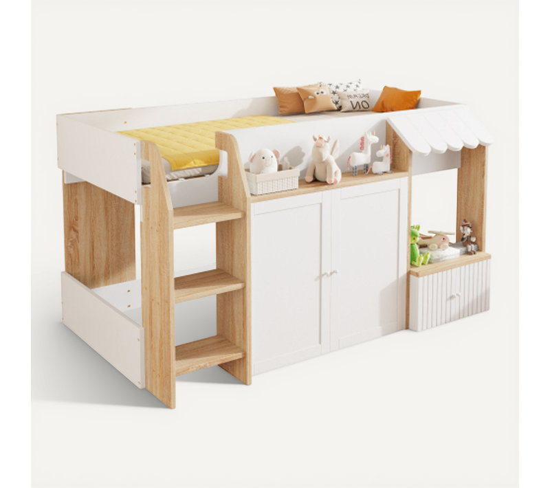 Lit Mezzanine 90x200 Cm, Lit Enfant Basse Avec Rangement, En Bois, Blanc Et Naturel