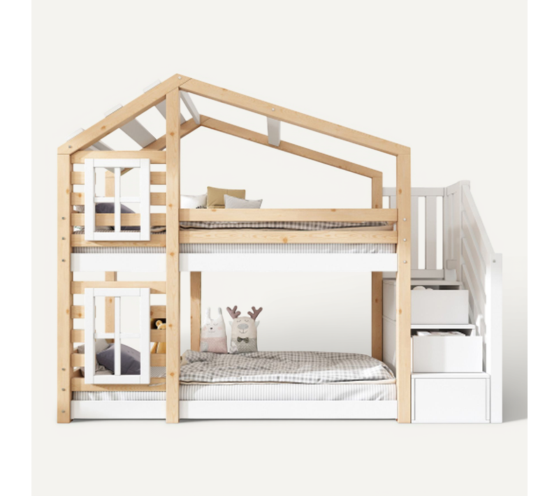 Lit Superposé 90x200 Cm, Lit Cabane Enfant, Rangement Intégré, En Bois, Naturel Et Blanc