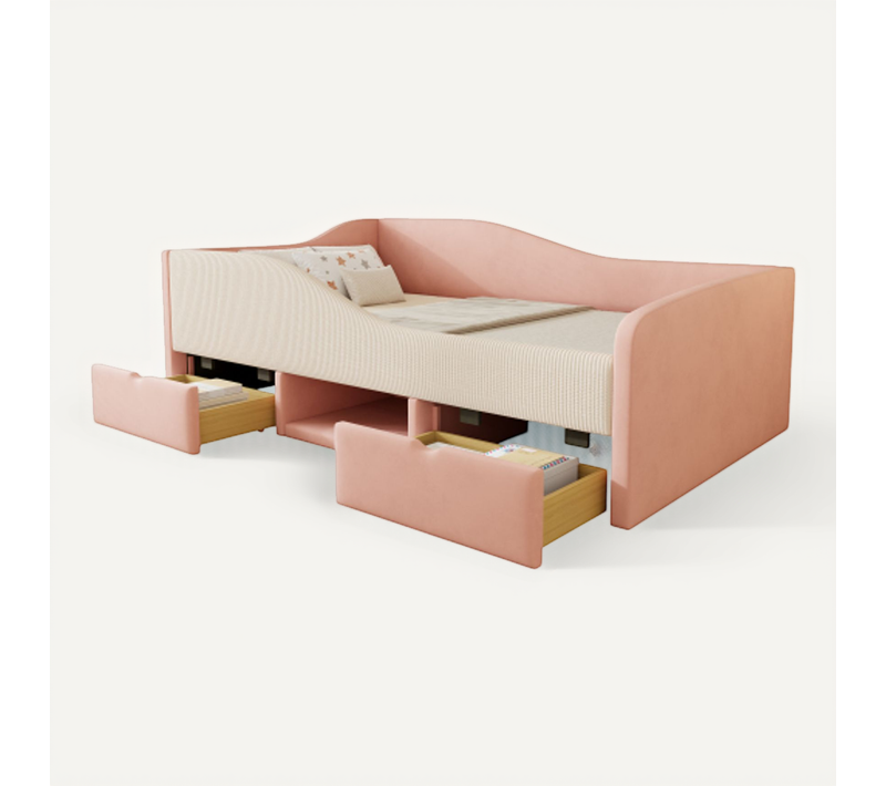 Lit Enfant 90x190 Cm, Avec 2 Tiroirs Et Barrières, Avec Lattes, En Velours, Rose Et Blanc Crème