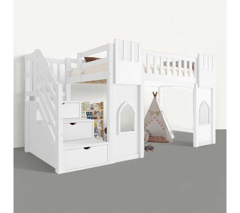 Lit Mezzanine 90x200 Cm, Avec Escalier De Rangement Et Fenêtres, En Bois, Blanc