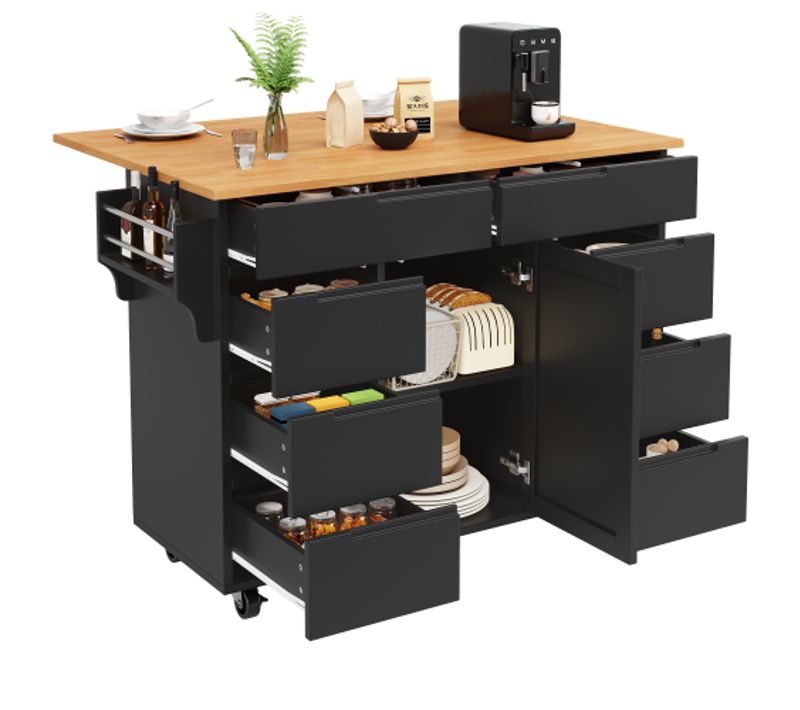 Desserte De Cuisine à 5 Roulettes Avec Plateau Rabattable, Étagère à Épices Et 8 Tiroirs, Noir