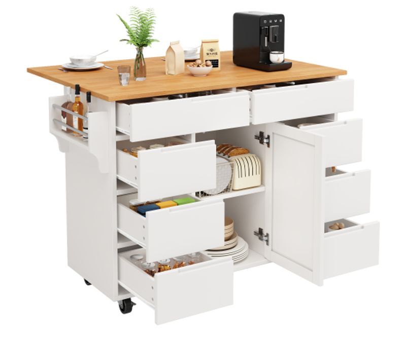 Desserte De Cuisine à 5 Roulettes Avec Plateau Rabattable, Étagère à Épices Et 8 Tiroirs, Blanc