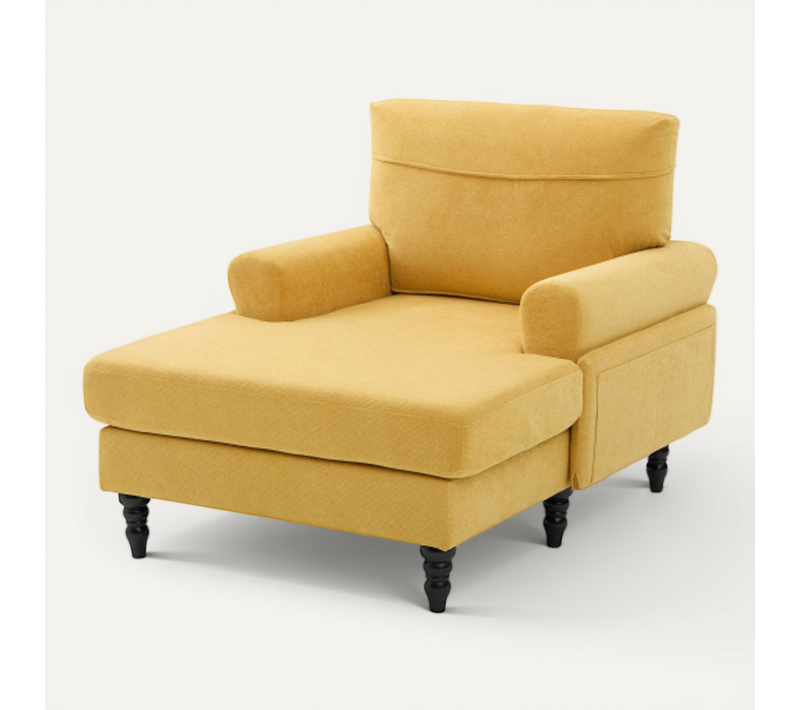 Fauteuil Chenille Large Jaune Moutarde Avec Poches Latérales Et Pieds En Bois Massif