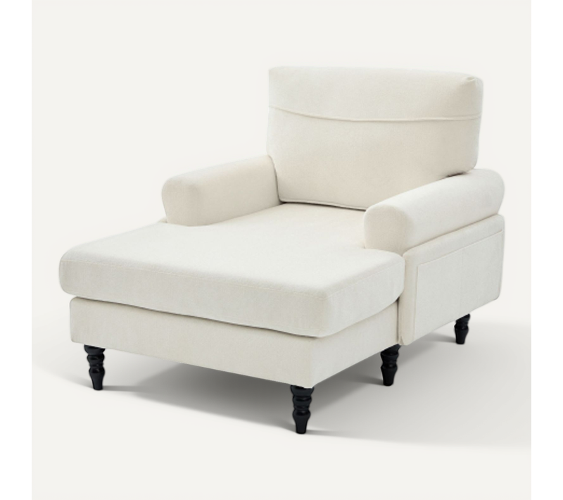 Fauteuil Large En Chenille Beige Avec Accoudoirs Et Poches Latérales