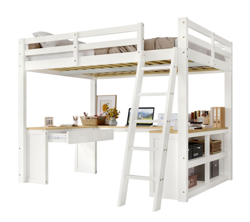 Lit Mezzanine 140x200 Cm, Bureau En U Et Rangements, En Bois, Blanc Et Naturel