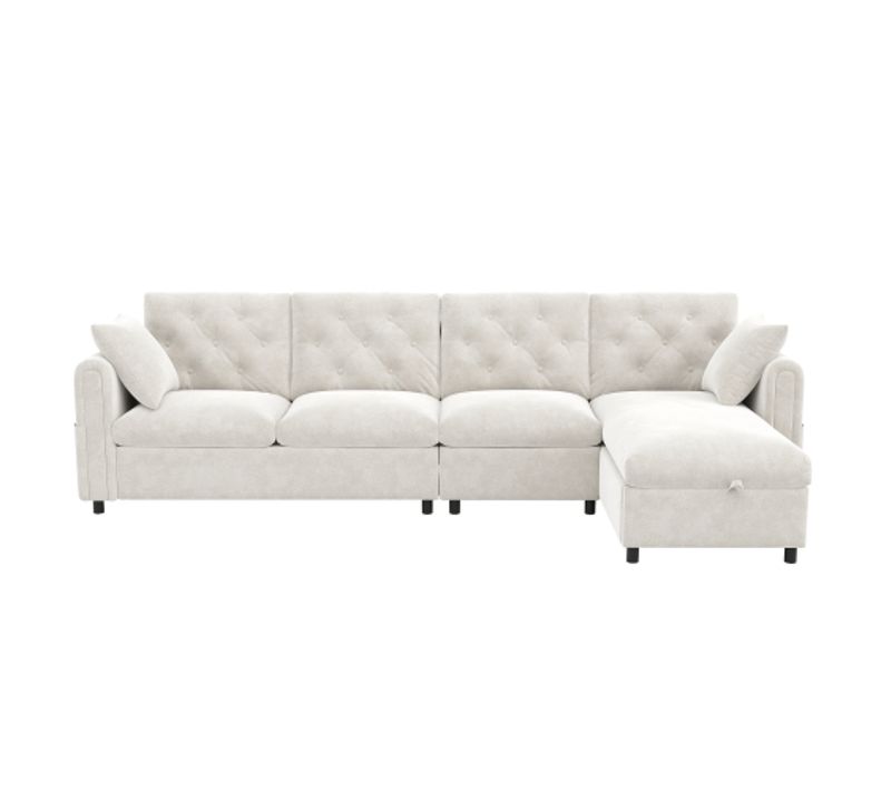 Canapé D'angle Convertible En L Avec Rangement, En Velours Beige, 281x132 Cm